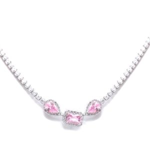 צ'וקר טניס מכסף משובץ בזירקונים אלמנט טיפות וריבוע ורוד