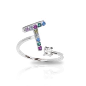 טבעת אות T משובצת זירקונים צבעוניים