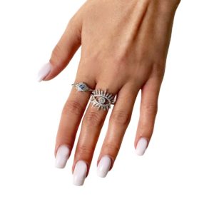 טבעת כסף עין כחולה בינונית