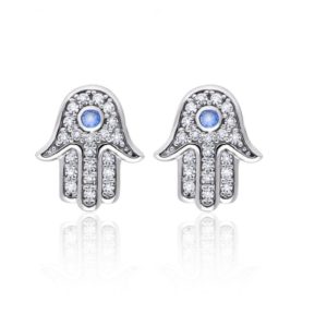 עגילי כסף חמסה משובצת זירקון כחול